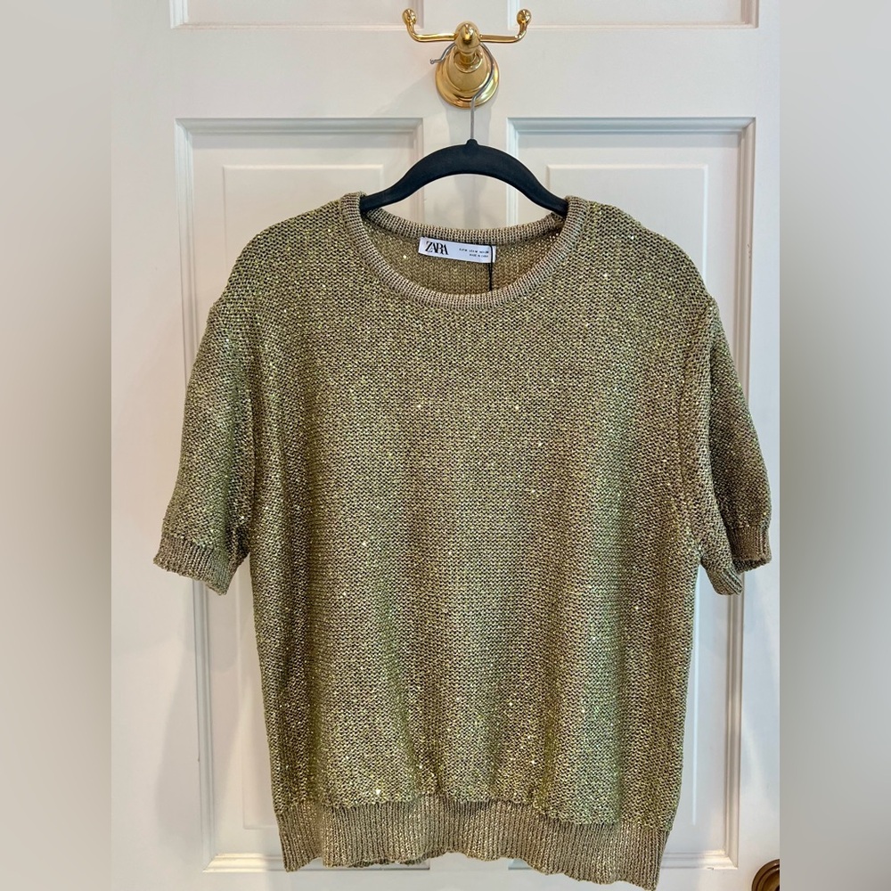 Zara Metallic Green Knit and Sequin Short Sleeve Sweater